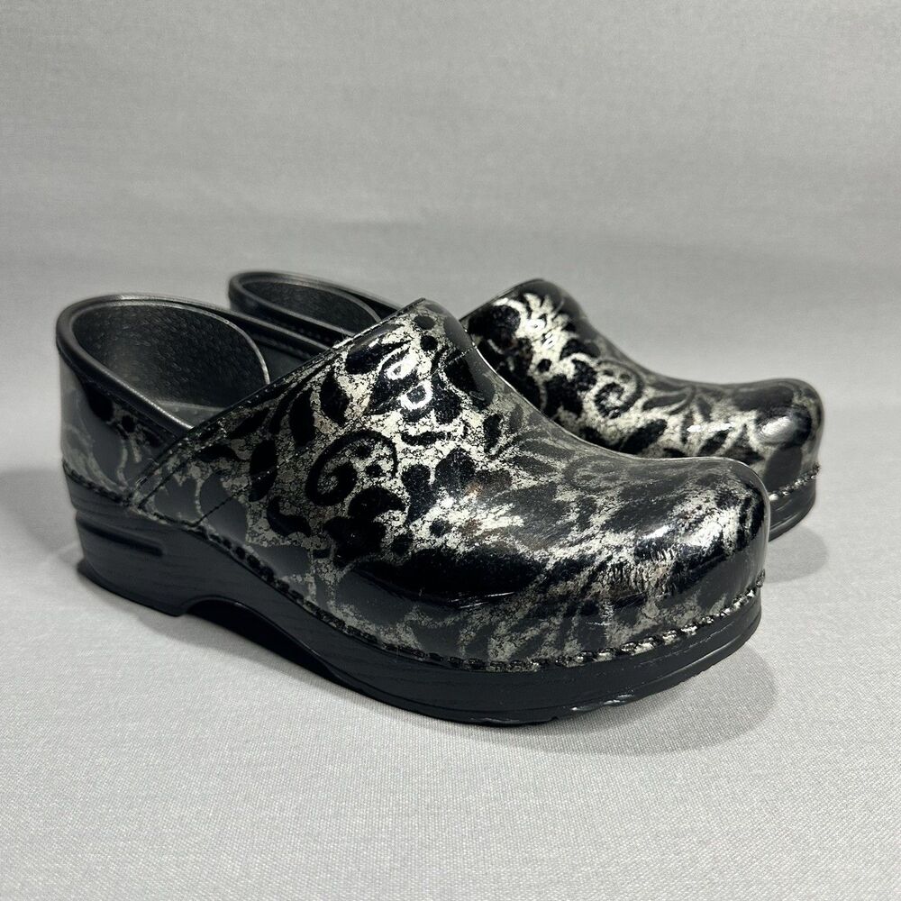 Dansko Professional Clogs Size 37 US 6.5-7 Black Silver Metallic Floral Comfort